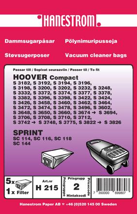 Hanestroem, pölypussit HOOVER COMPACT S 3182 5+1F (H215)