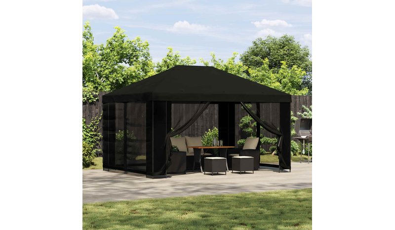 vidaXL Paviljonki sivuseinillä 4 × 3 m Musta Polyesteri ja teräs