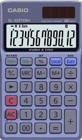 Casio SL-320TER+, Tasku, Perus, 12 lukua, 1 linjat, Akku/Aurinko, Sininen