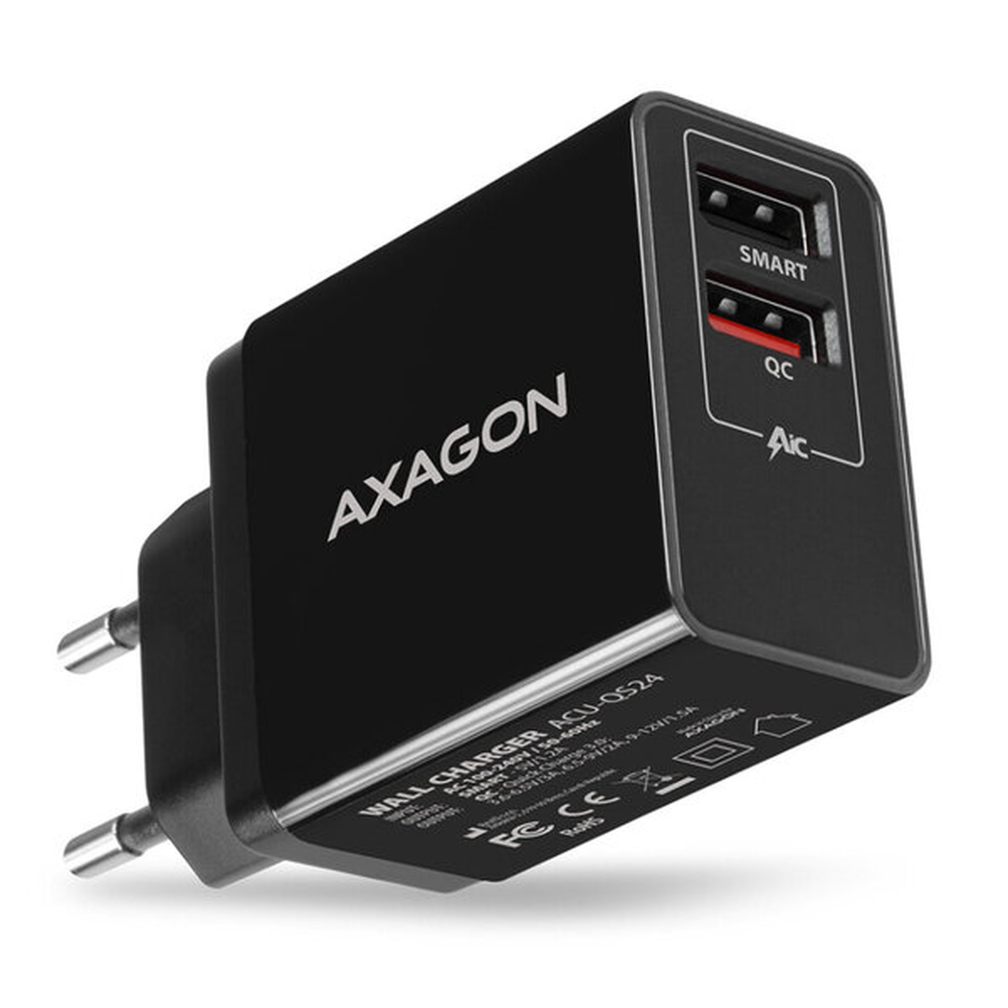 Axagon 240V/2x USB-portti QC3.0/AFC/FCP 5V-1,2A, 24W ACU-QS24
