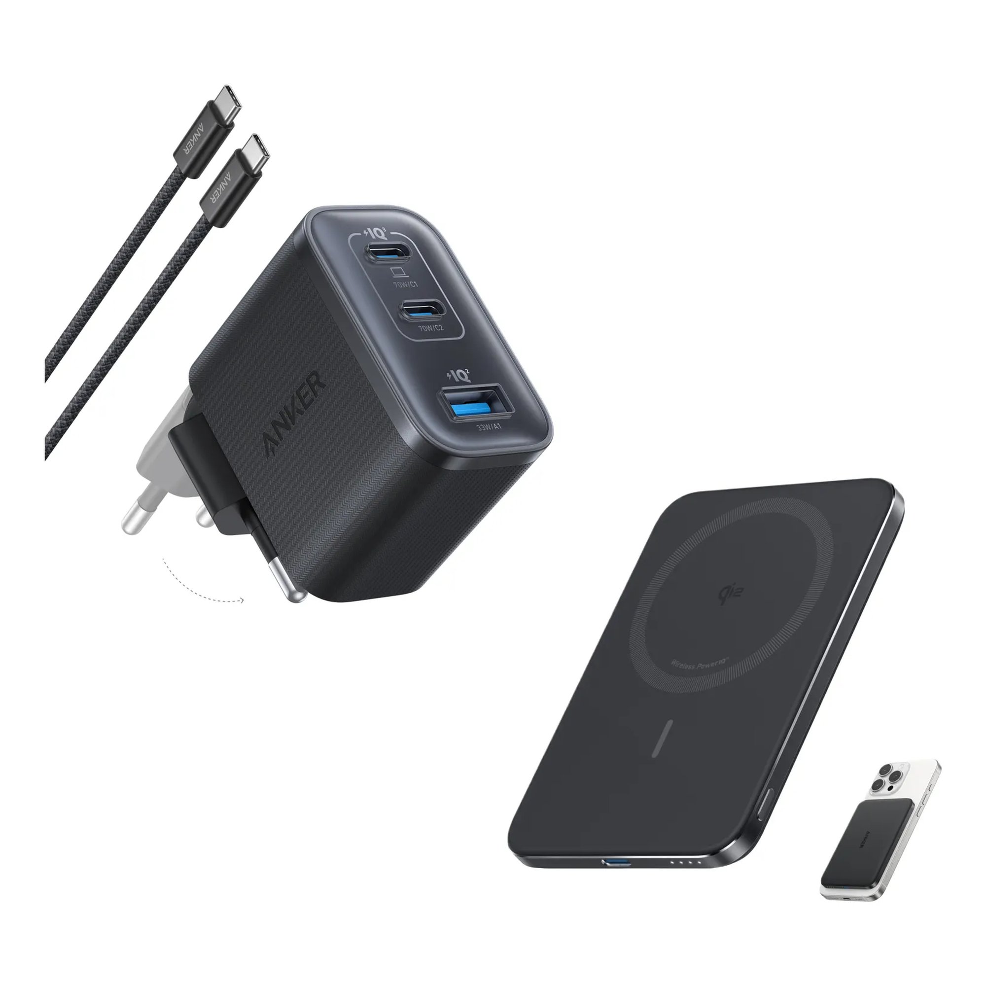 Anker Nano Charger (70W, 3 porttia) -seinälaturi, musta