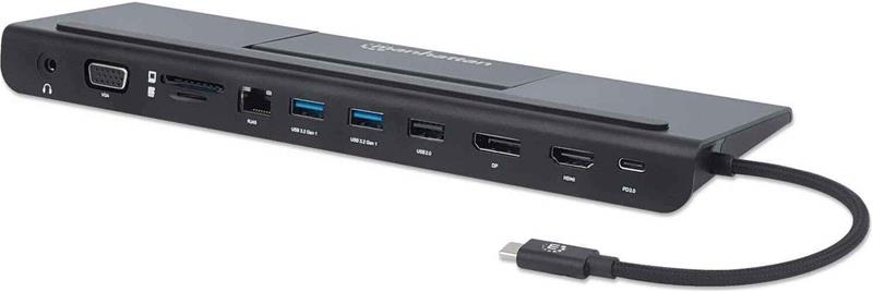 Manhattan USB-C Dock/Hub with Card Reader and MST, Ports (x9): Audio 3.5mm, DisplayPort, Ethernet, HDMI, USB-A (x3), USB-C and VGA, With Power Delivery (100W) to USB-C Port (Note add USB-C wall charger and USB-C cable needed),All Ports can be used at the – kuva 3/3