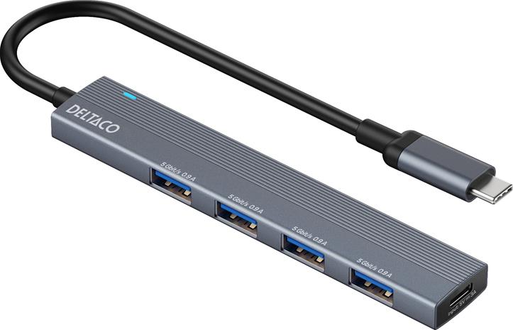 DELTACO USB-C hub, 5 Gbps, 4x USB-A female, aluminum, grey – kuva 5/5