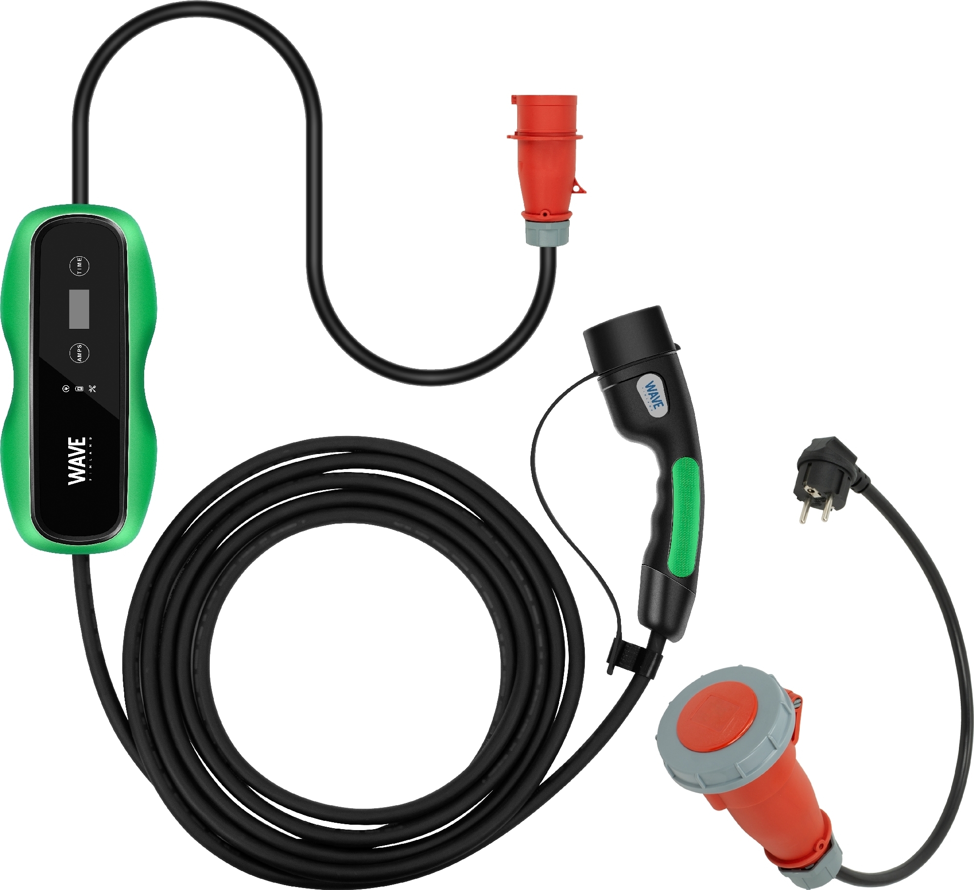 Wave EV sähköauton latauskaapeli Schuko-adapterilla, 11 kW, 3x16 A, 3-vaihe, CEE-Type2, 5 m