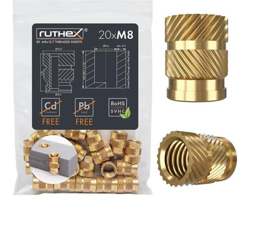 Ruthex M8 Threaded Insert â€“ Rx-m8x12.7 - 20 Pcs
