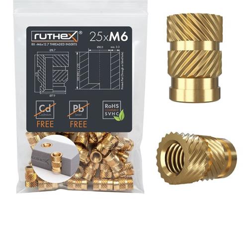 Ruthex M6 Threaded Insert â€“ Rx-m6x12.7 - 25 Pcs