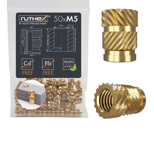 Ruthex M5 Threaded Insert â€“ Rx-m5x9.5 - 50 Pcs