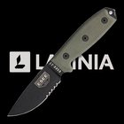 ESEE Model 3, serrated, black/green, black plastic sheath, nylon sheath