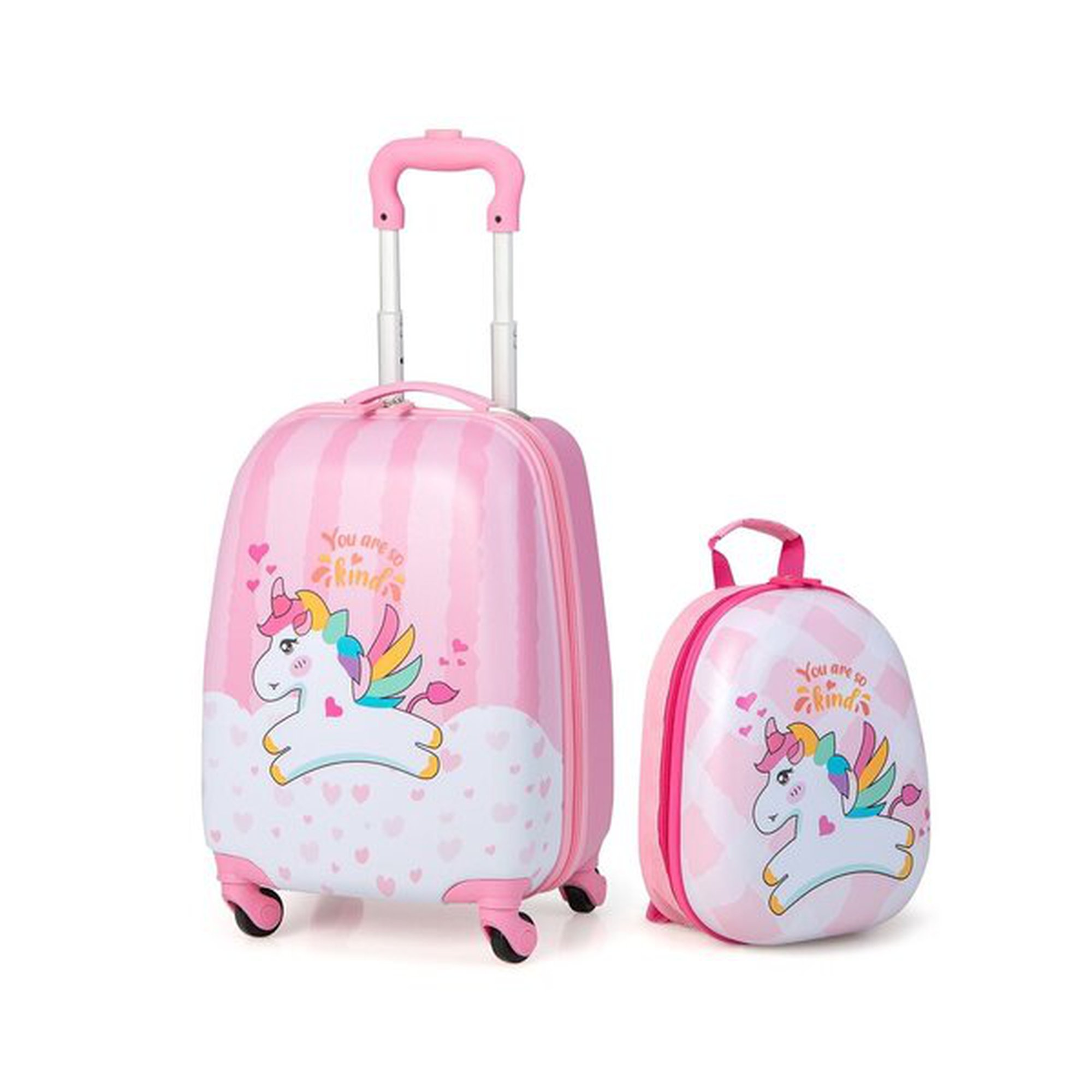 Costway matkalaukkusarja 2 kpl yksisarvinen 16'' lasten matkalaukku + 12'' reppu pinkki