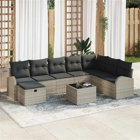 vidaXL Sohvasetti tyynyllä 9 pcs Vaaleanharmaa polyrottinki
