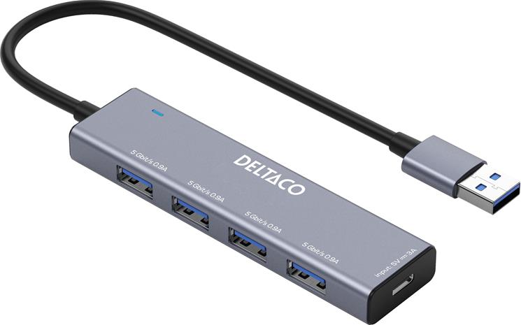 DELTACO USB-A hub, 4x USB-A female, 5 Gbps, aluminum, grey