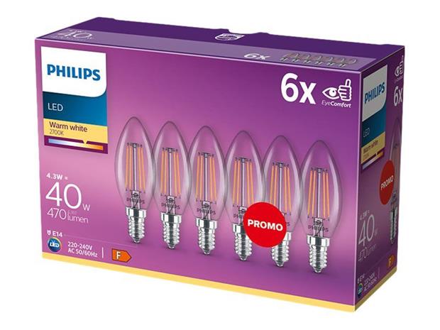 Philips 6 kpl LED E14 Crown 4W (40W) Kirkas 470lm