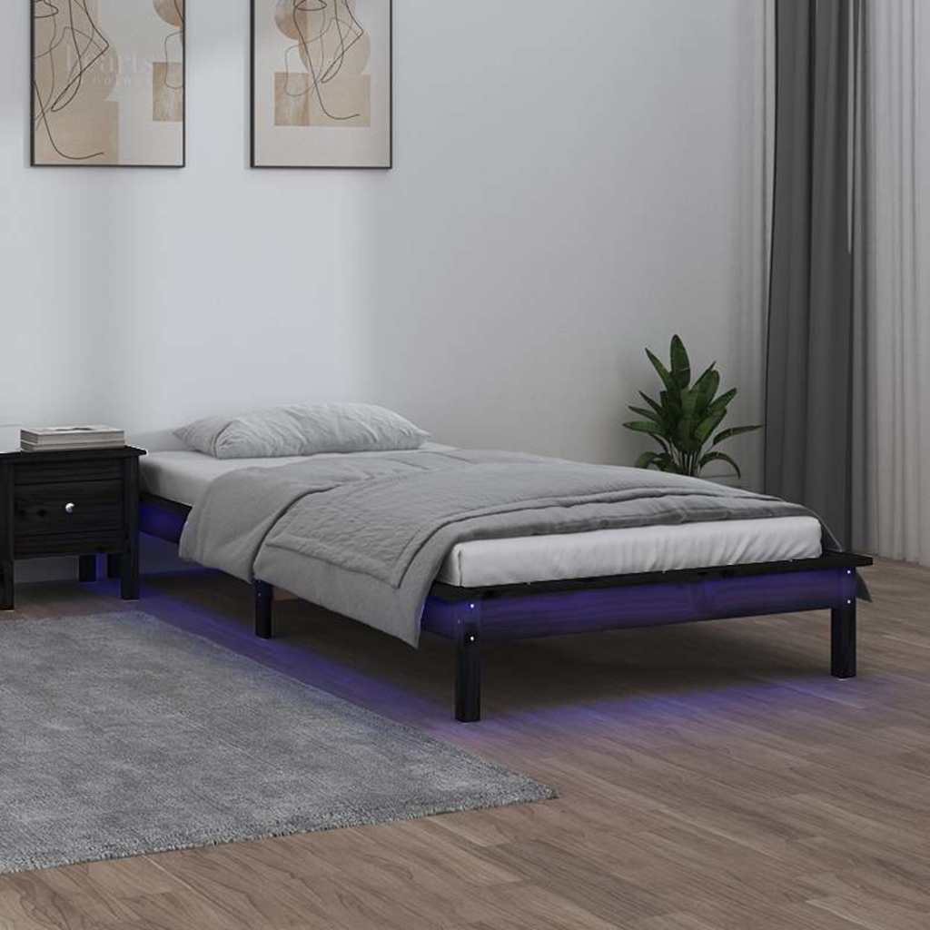 vidaXL Sängynrunko LED-valoilla musta 90x200 cm täysi puu