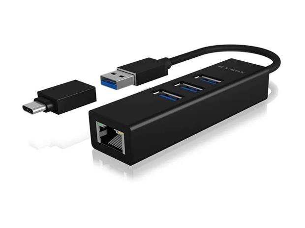 ICY BOX USB 3.0 HUB & Gigabit LAN Adapter, Type-A / Type-C
