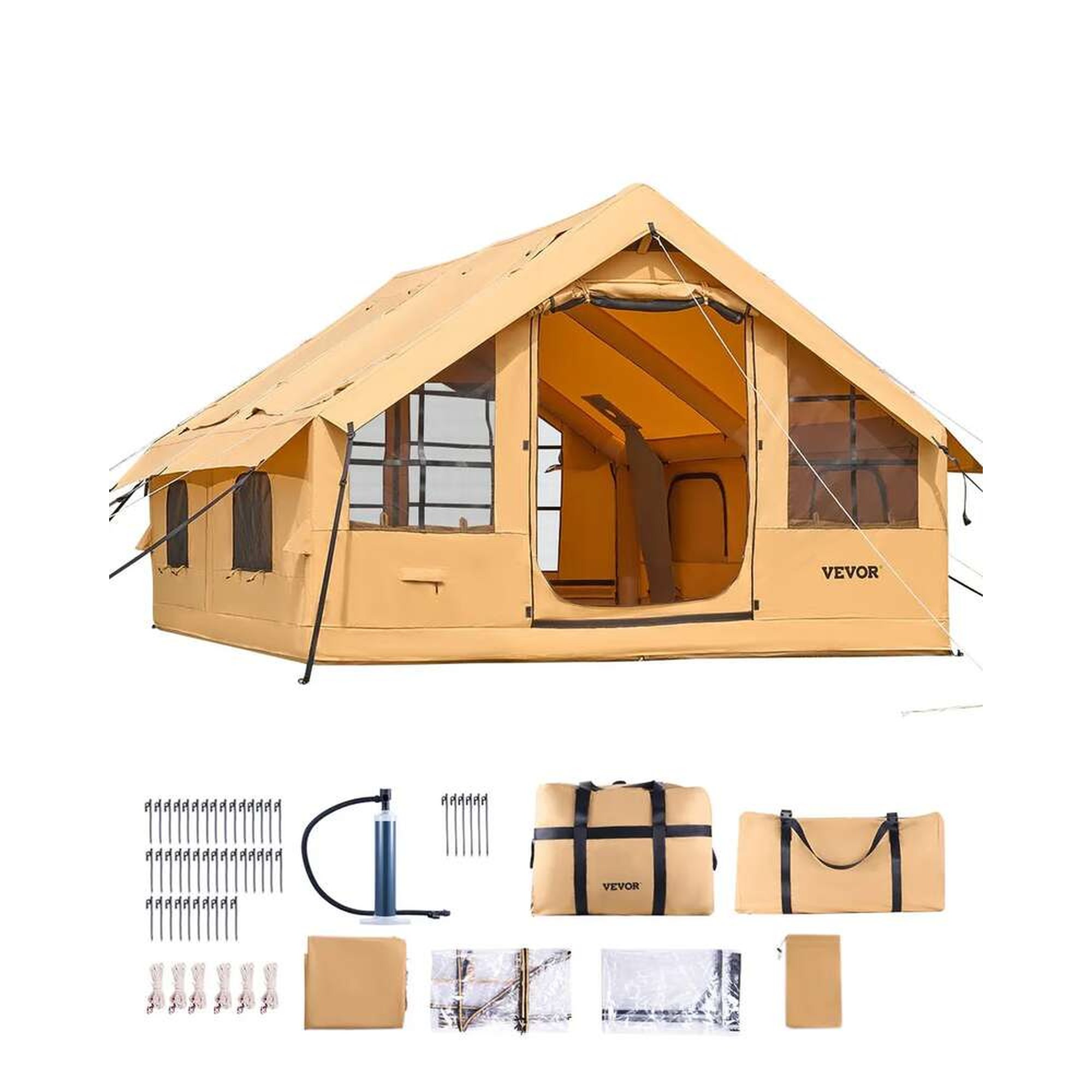 Ilmatäytteinen glamping-teltta 5-8 hengelle, pumpulla, 2 ovea, verkkoikkunat