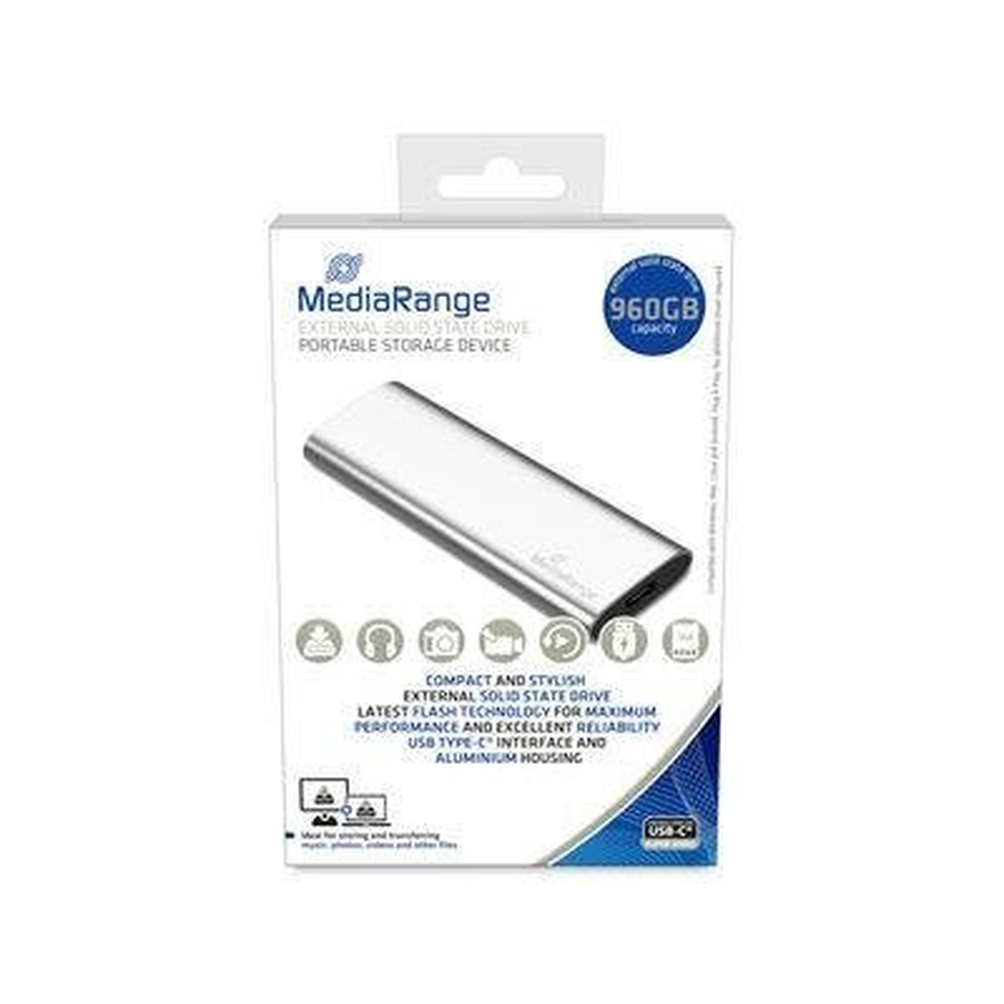 Ulkoinen kovalevy MediaRange MR1103 ulkoinen SSD-asema, 900 Gt, 450 MB/s, 420 MB/s, M.2, USB 3.2 Gen 2, USB Type-C, hopea