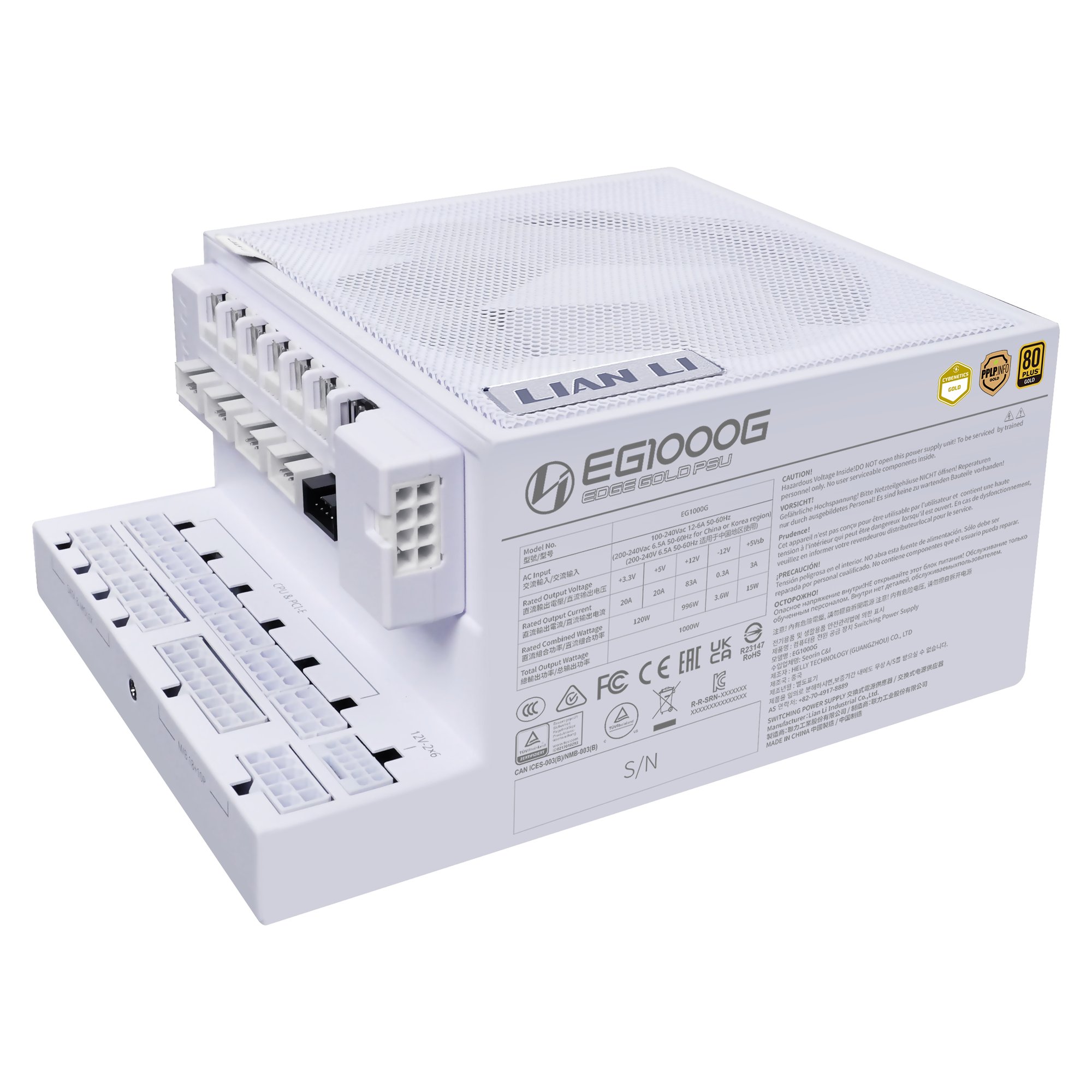 Lian Li 1000W EDGE EG1000, 80 PLUS Gold virtalähde + USB HUB, PCIe 5.1, ATX 3.1, valkoinen
