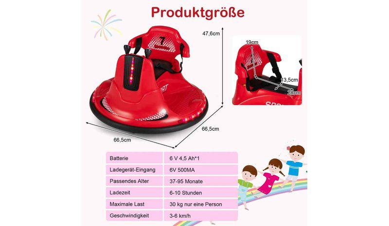 Lasten sähköauto 66,5x66,5x47,6cm, punainen – kuva 1/1