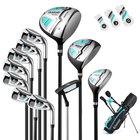 Setti, jossa 14 golfmailaa ja laukut, eri värejä