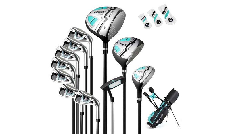 Setti, jossa 14 golfmailaa ja laukut, eri värejä – kuva 1/1