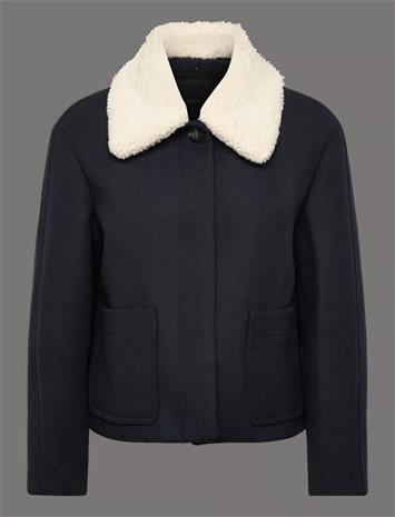 Mango Mango Wool-Blend Jacket With Shearling-Blend Collar - Navy - XL