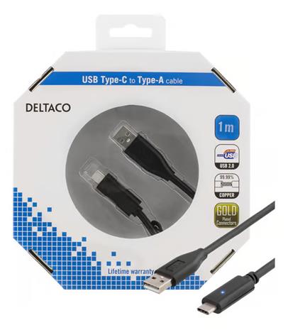 Deltaco USB 2.0 -kaapeli, 1m, Type C - Type A uros, musta USBC