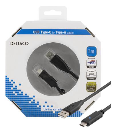 Deltaco USB 2.0 -kaapeli, 1m, Type C - Type A uros, musta USBC