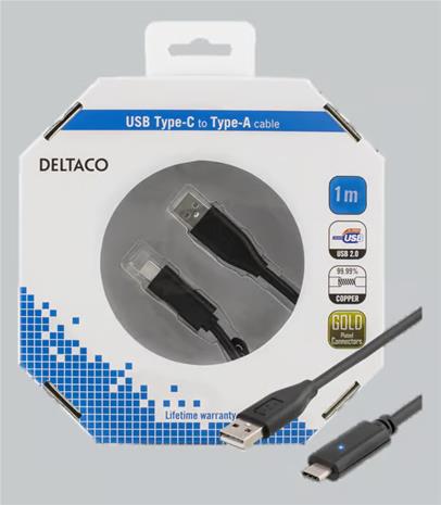 Deltaco USB 2.0 -kaapeli, 1m, Type C - Type A uros, musta USBC