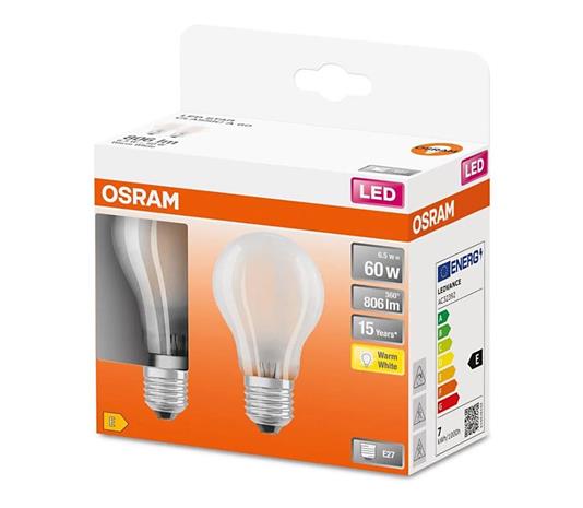 OSRAM-LED-lamppu E27 6,5W lämmin valkoinen, 2 kpl