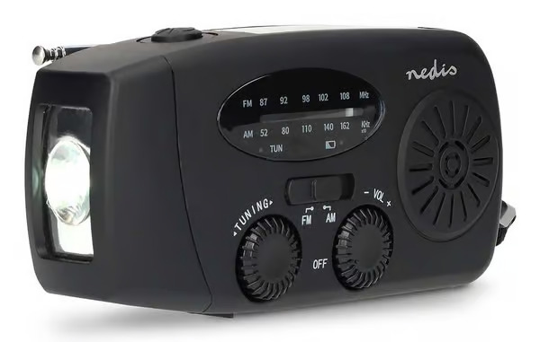 Hätätilanteisiin tarkoitettu FM-radio Nedis, kampidynamo, taskulamppu + varavirtalähde