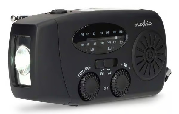 Hätätilanteisiin tarkoitettu FM-radio Nedis, kampidynamo, taskulamppu + varavirtalähde