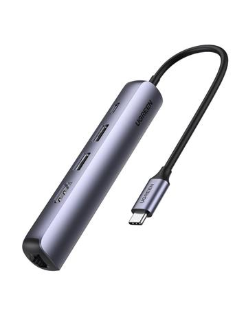 5-in-1-sovitin UGREEN CM418 USB-C - 2x USB 3.0, HDMI, RJ45, USB-C (harmaa)