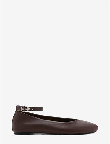 MANGO Leather Ankle Strap Ballet Flats - DARK BROWN - 39