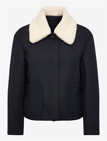 MANGO Wool-Blend Jacket With Shearling-Blend Collar - NAVY - M