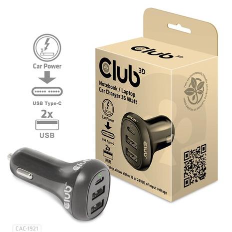Club 3D 36W 2xUSB-A, 1xUSB-C -autolaturi, Musta