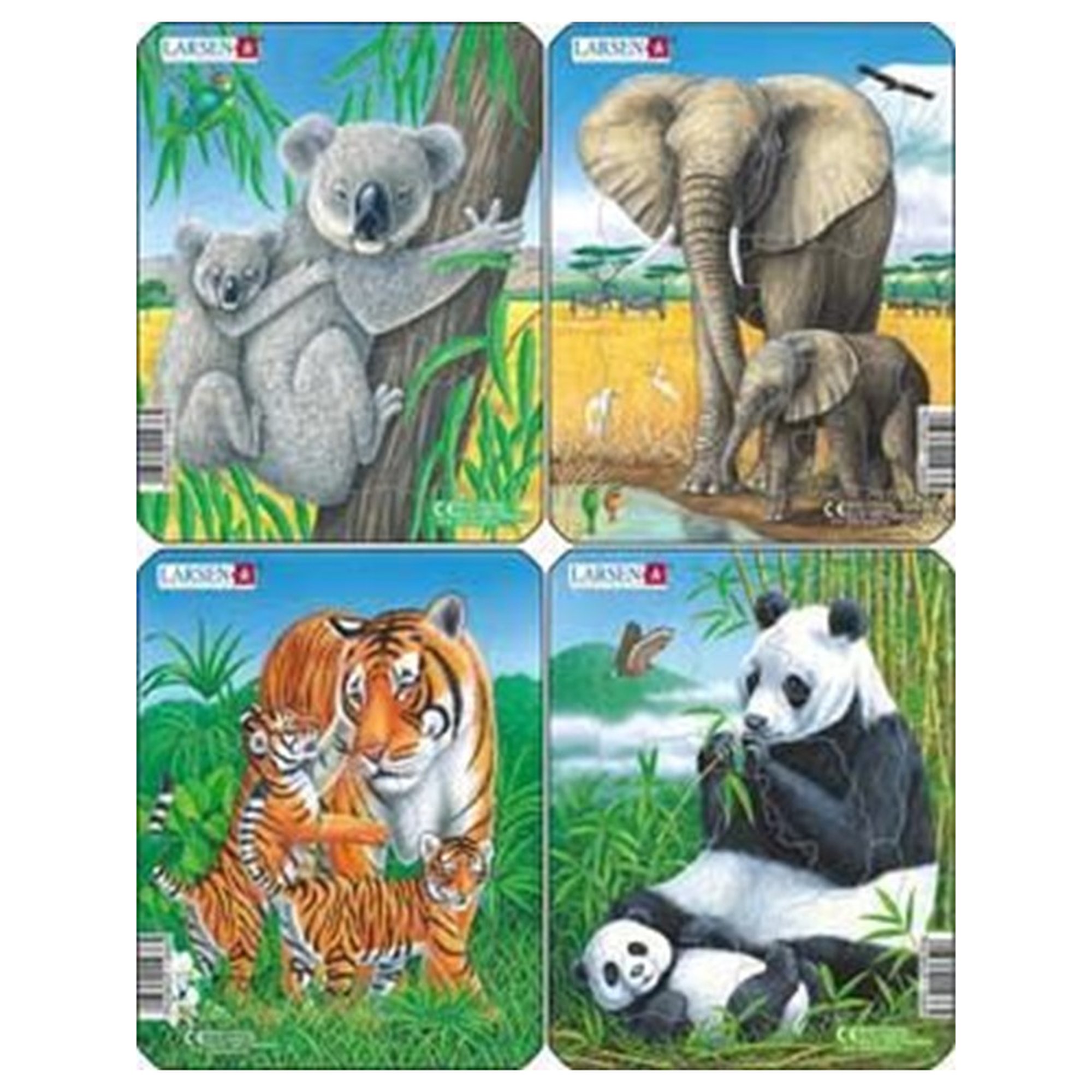 Larsen Puzzles Palapeli Koala, Elefantti, Tiikeri, Panda 4-asst - 8 2D Palapelit