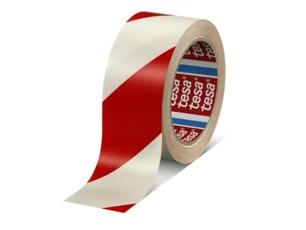 Varoitusteippi Tesa 33 m x 50 mm Puna-valkoinen