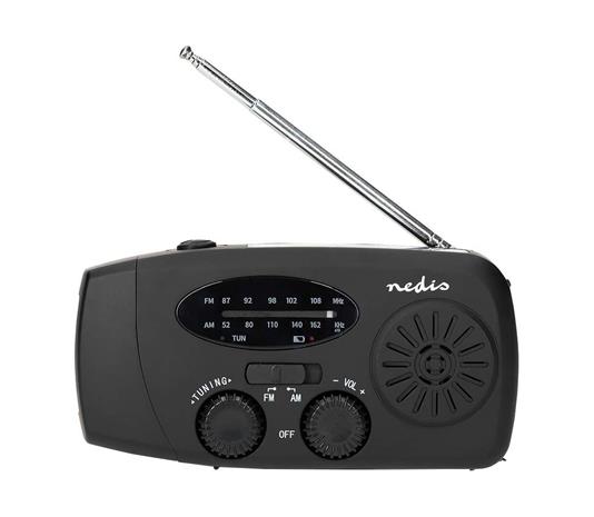 Hätätilanteisiin tarkoitettu FM-radio Nedis, kampidynamo, taskulamppu + varavirtalähde