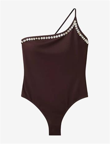 MANGO Asymmetric Button Swimsuit - DARK BROWN - L