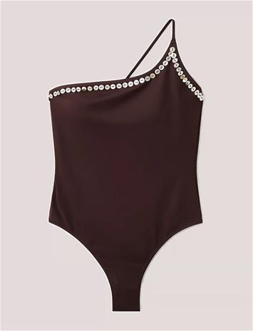 MANGO Asymmetric Button Swimsuit - DARK BROWN - S