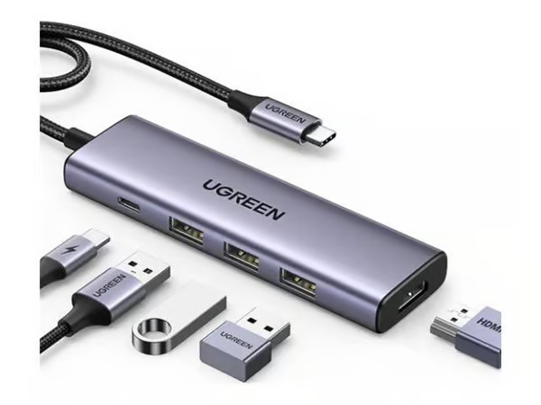 Adapteri Ugreen CM511 USB-C to HDMI 1.4 + 3xUSB-A + USB-C PD100W harmaa