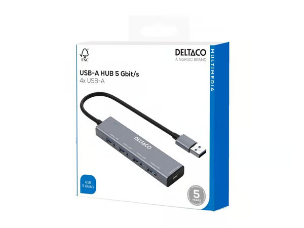 DELTACO USB-A hub, 4x USB-A female, 5 Gbps, aluminum, grey